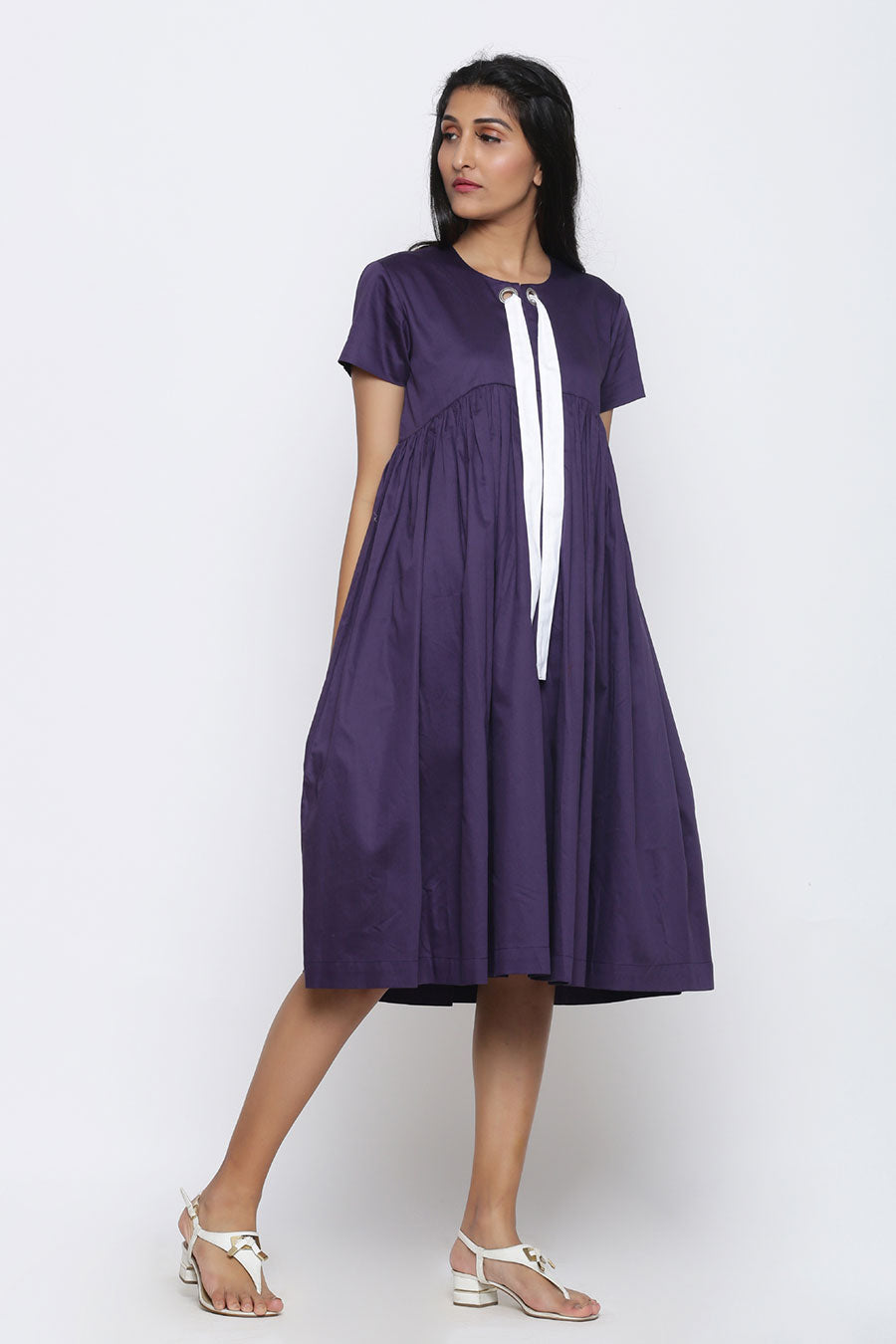 Purple Gathered Midi Dress