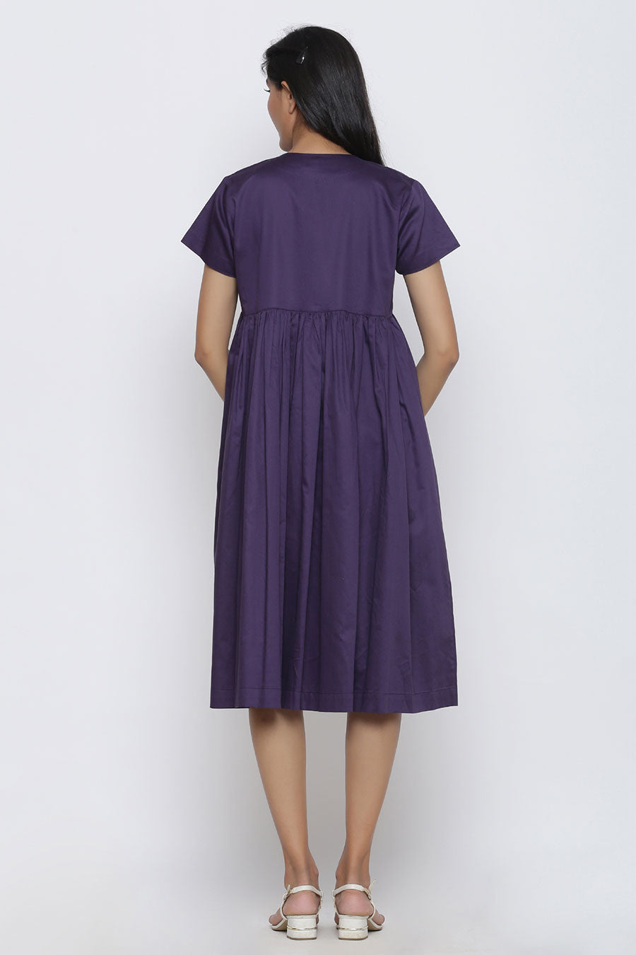 Purple Gathered Midi Dress