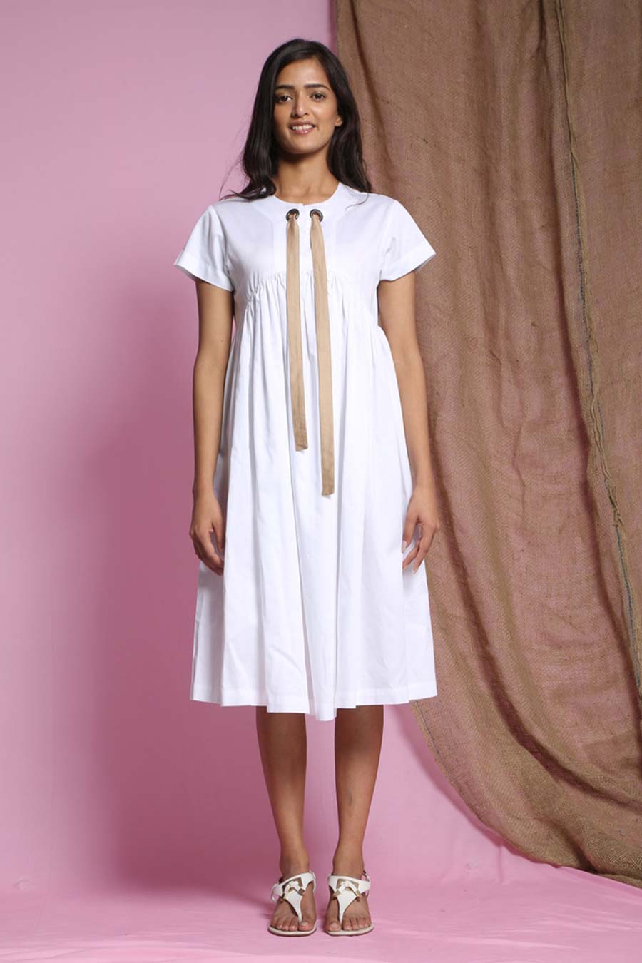 White Gathered Midi Dress