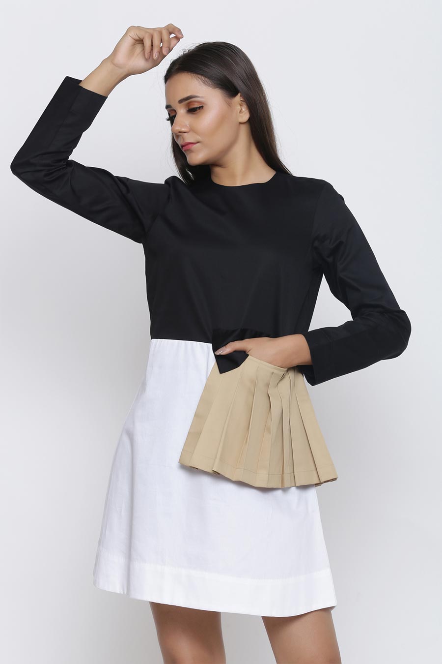 Black & White Pleated Patch Dress