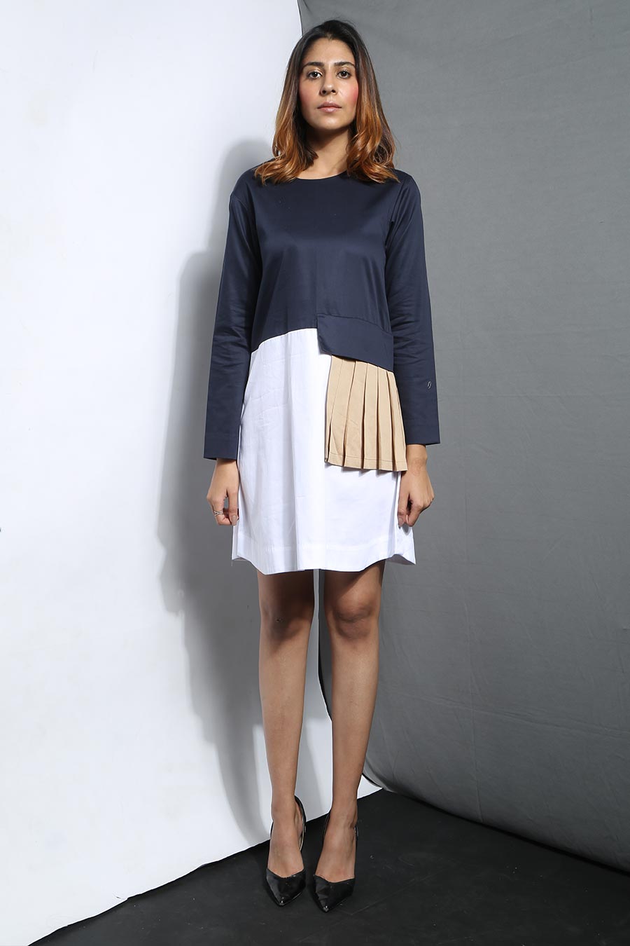 Navy Blue & White Pleated Patch Dress