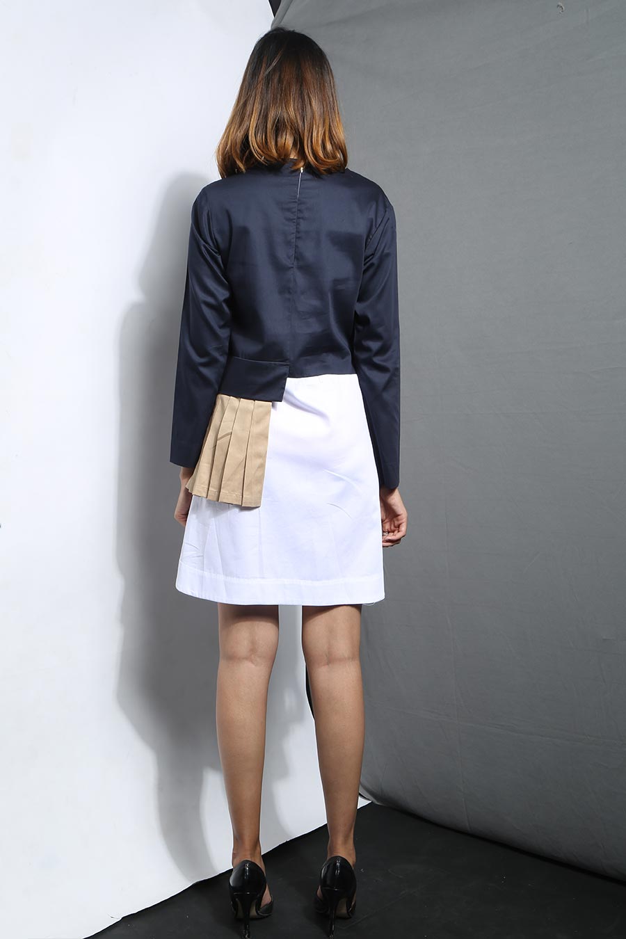 Navy Blue & White Pleated Patch Dress