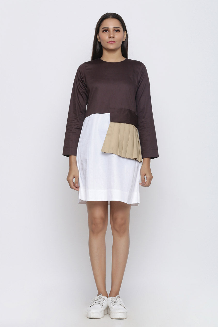 Coffee & White Pleated Patch Dress