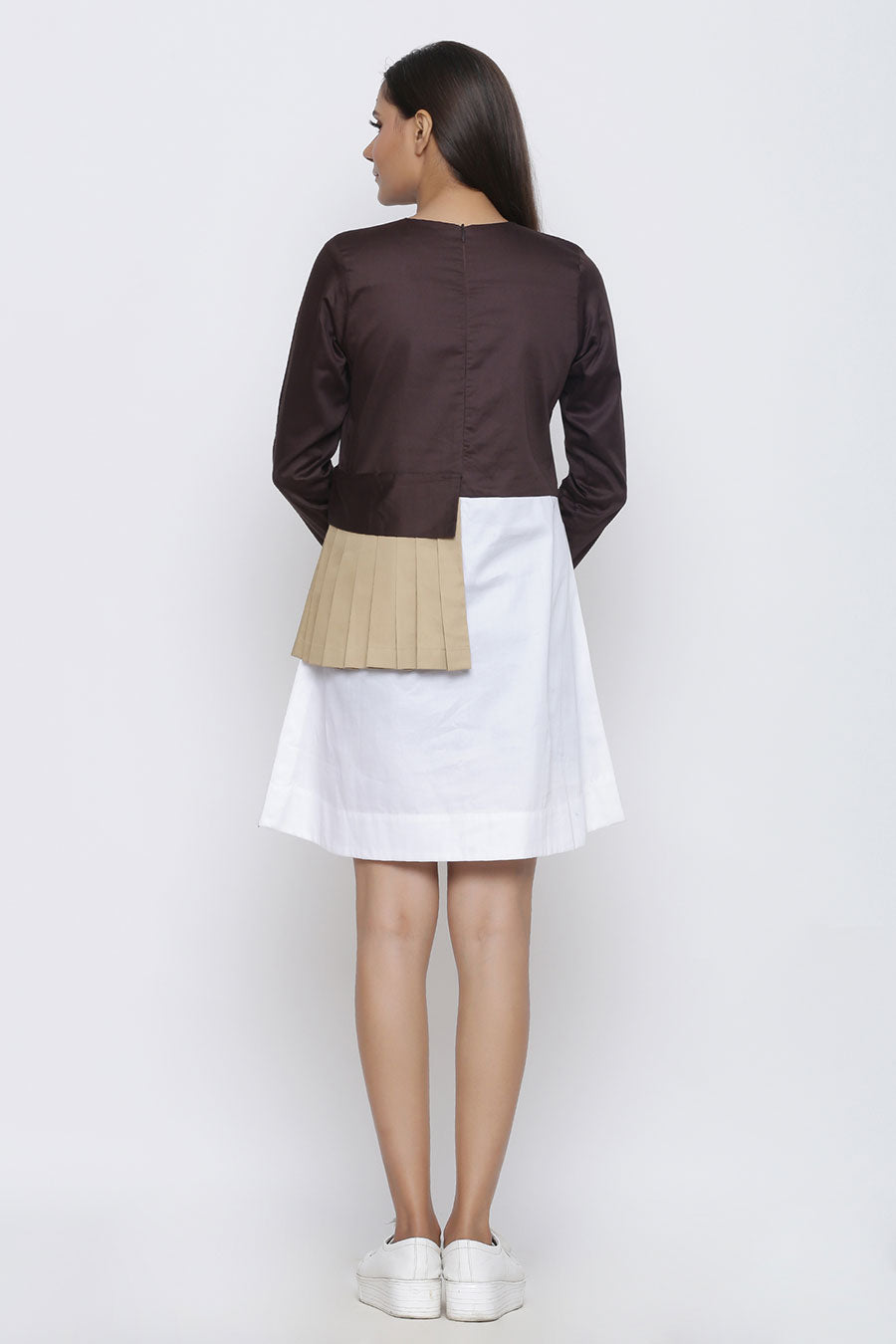 Coffee & White Pleated Patch Dress