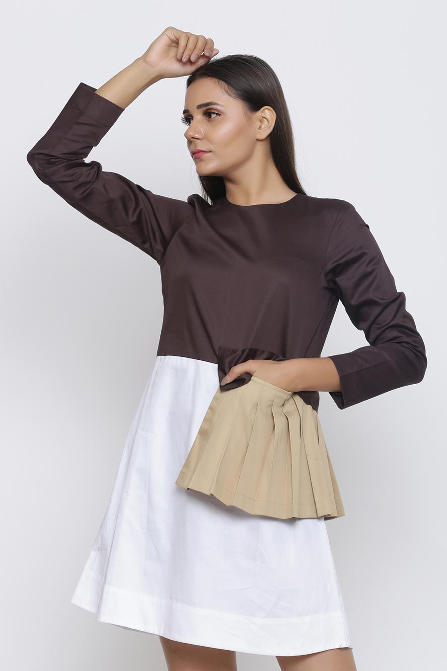 Coffee & White Pleated Patch Dress