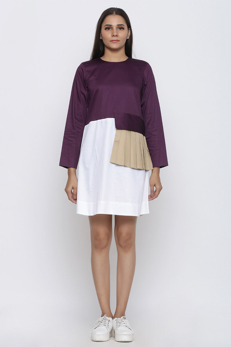 Purple & White Pleated Patch Dress