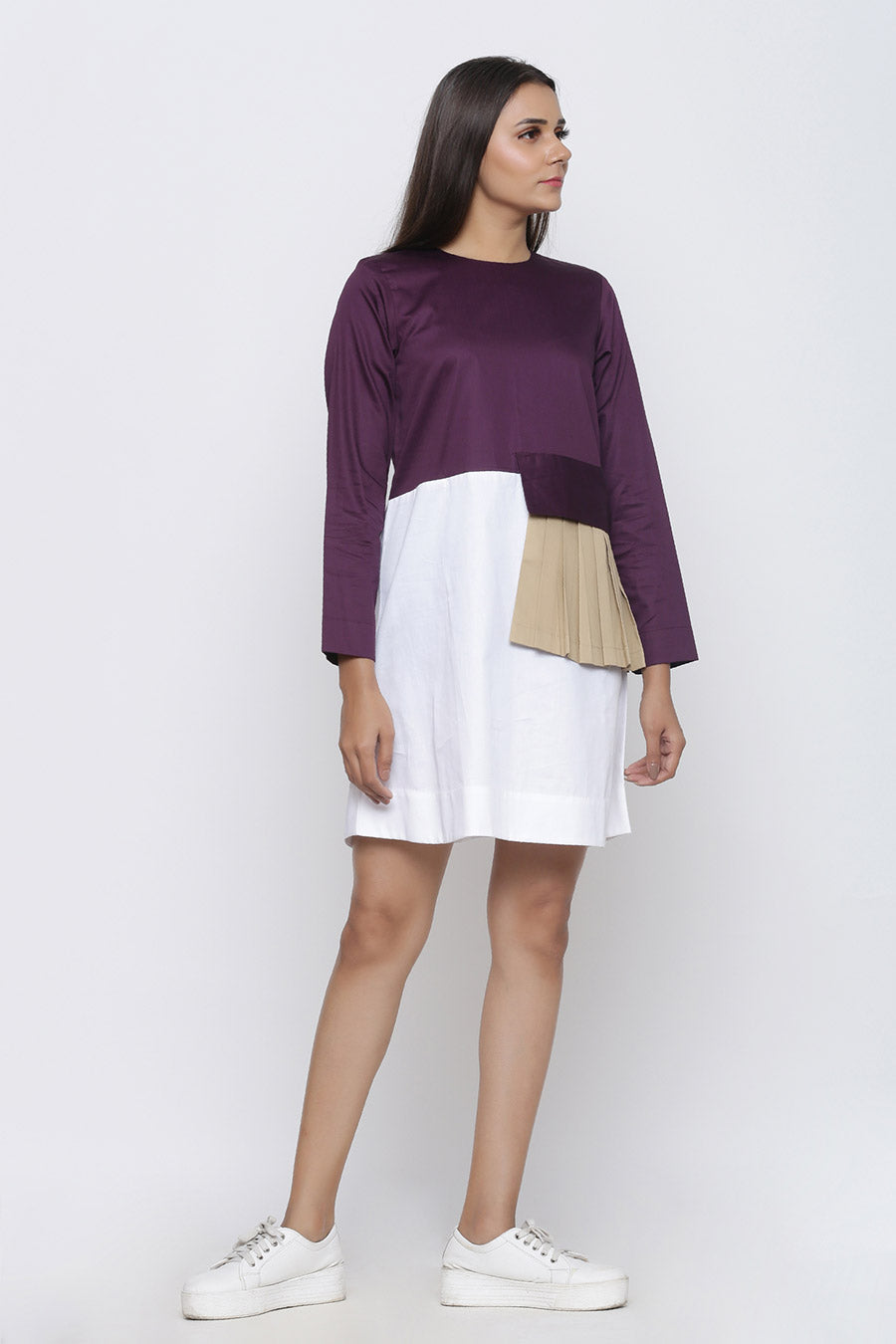 Purple & White Pleated Patch Dress