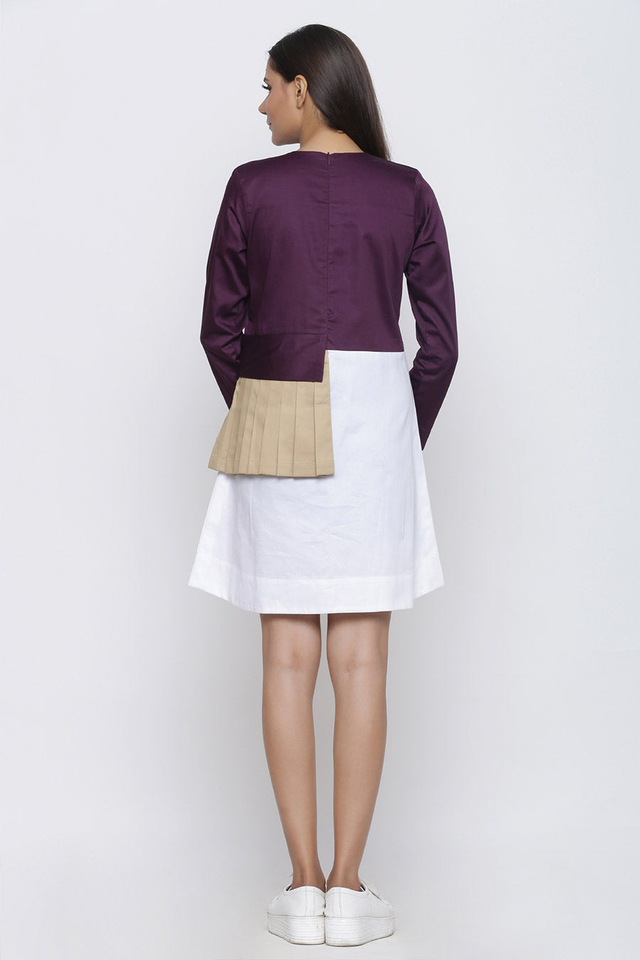 Purple & White Pleated Patch Dress