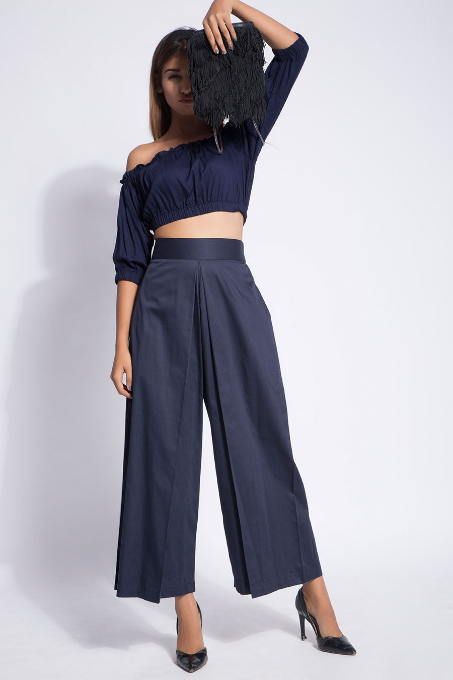 Navy Blue Box Pleat Pants With Pipen