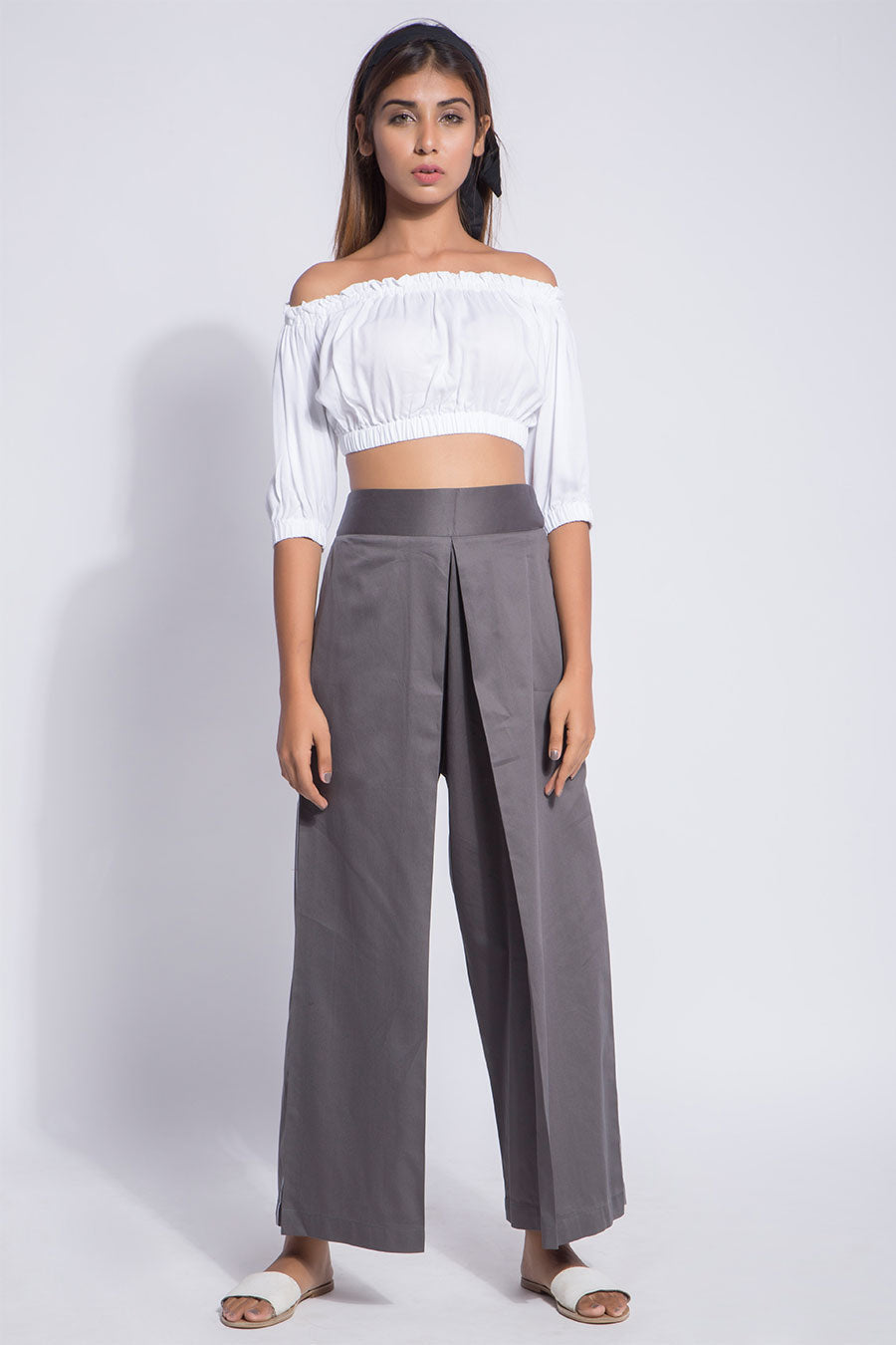 Grey Box Pleat Pants With Pipen