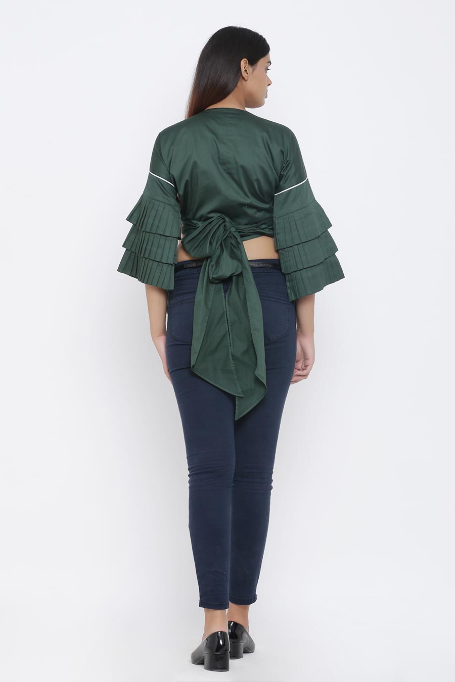 Green Drape Top With Pleated Sleeve