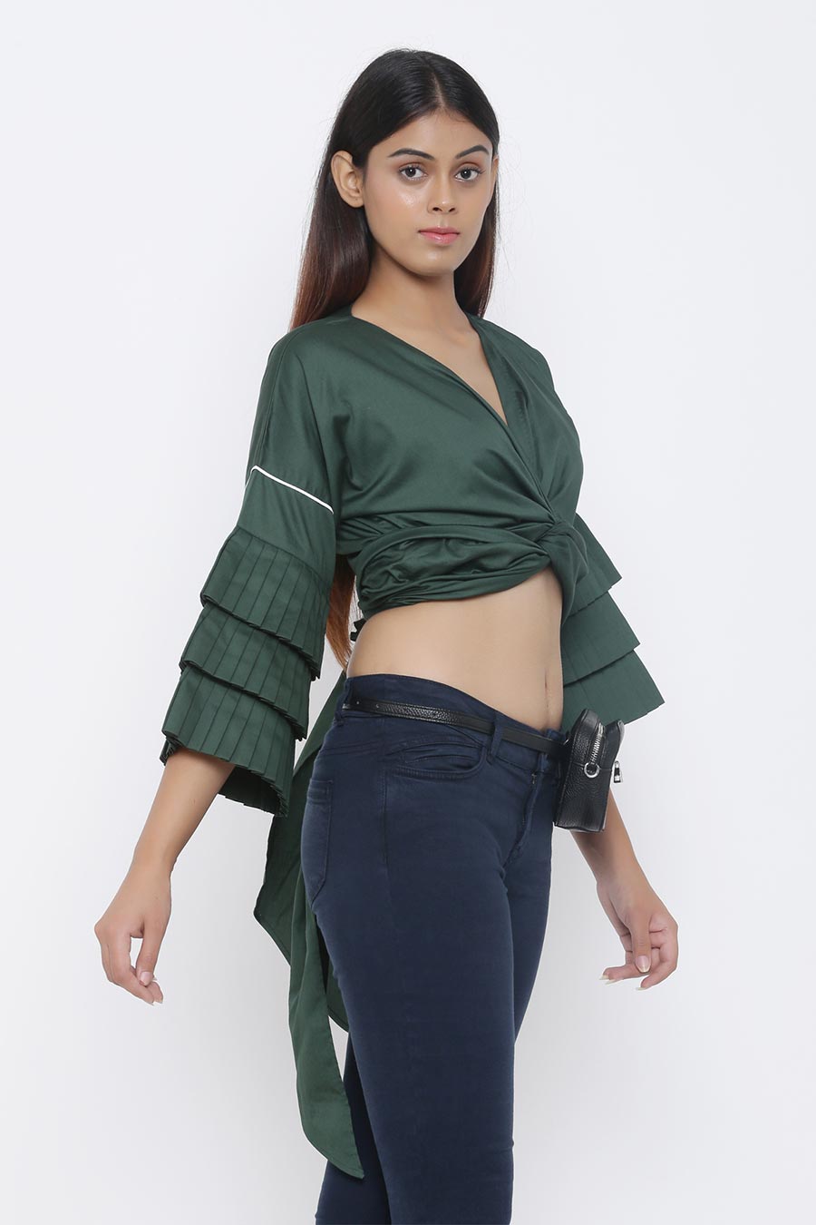Green Drape Top With Pleated Sleeve