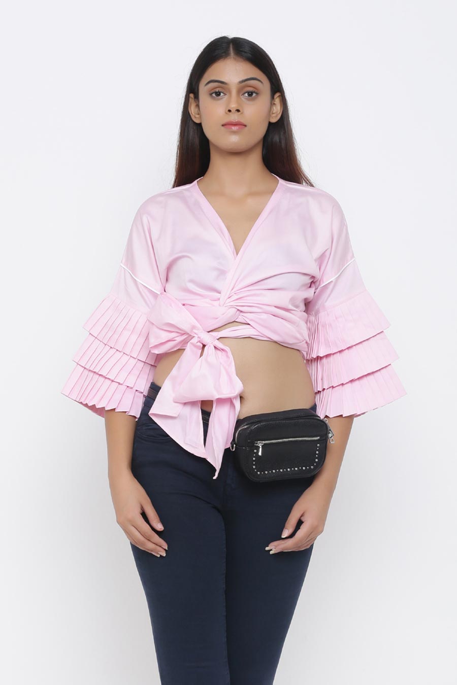 Pink Drape Top With Pleated Sleeve