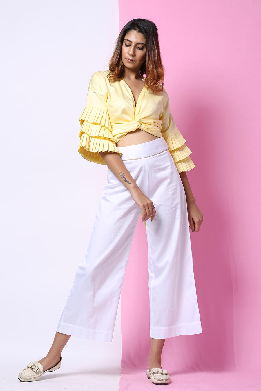 Yellow Drape Top With Pleated Sleeve
