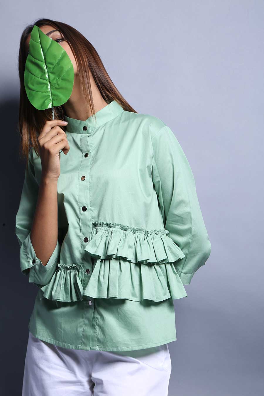 Green Cotton Ruffled Shirt Top