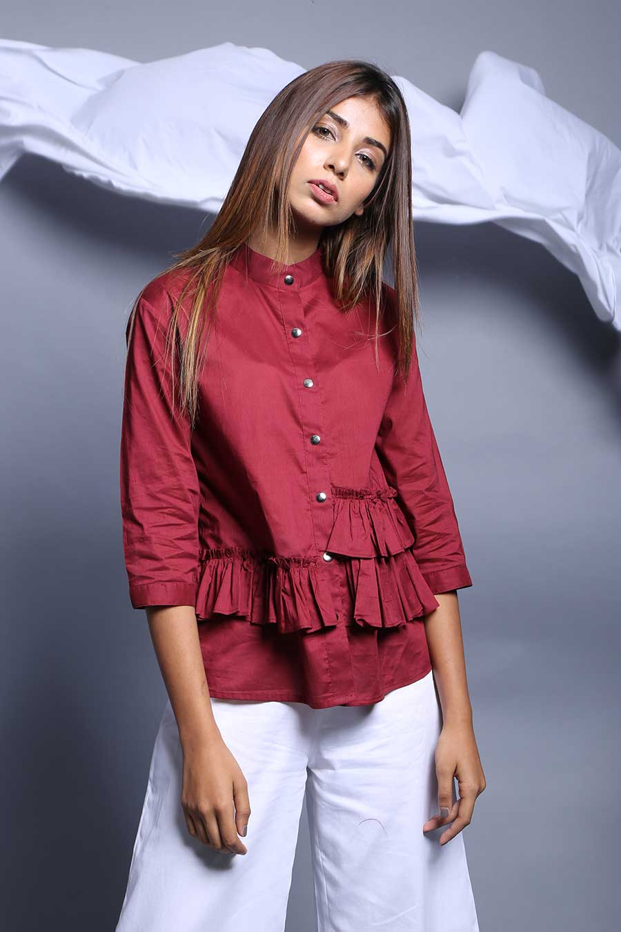 Maroon Cotton Ruffled Shirt Top