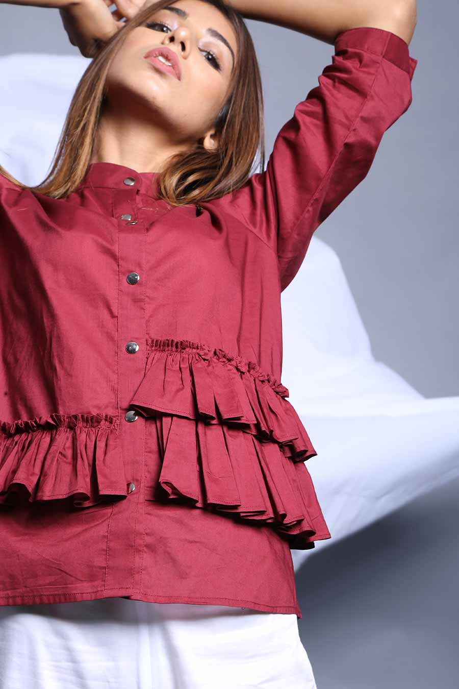 Maroon Cotton Ruffled Shirt Top