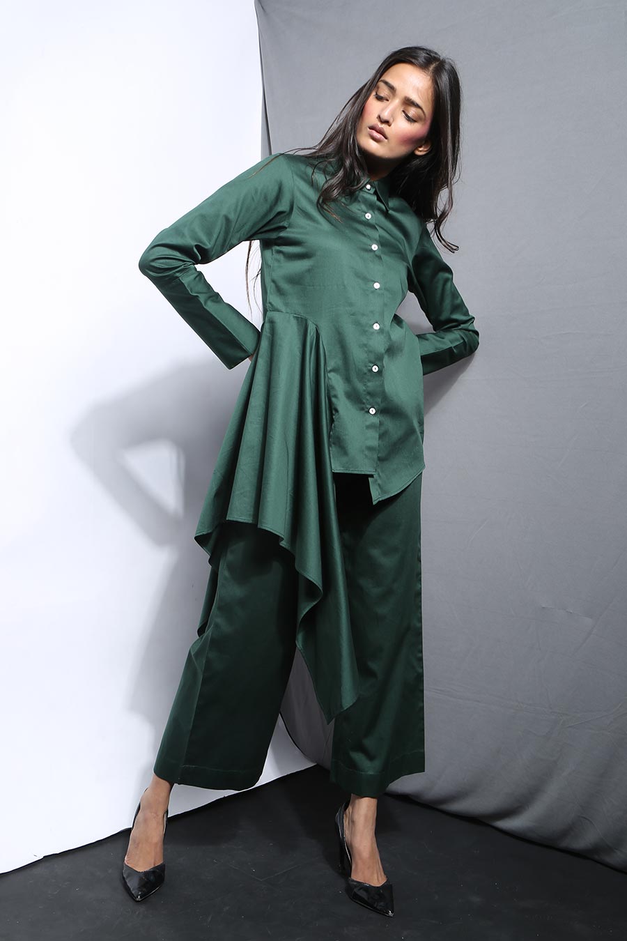 Green Asymmetric Side Drape Shirt