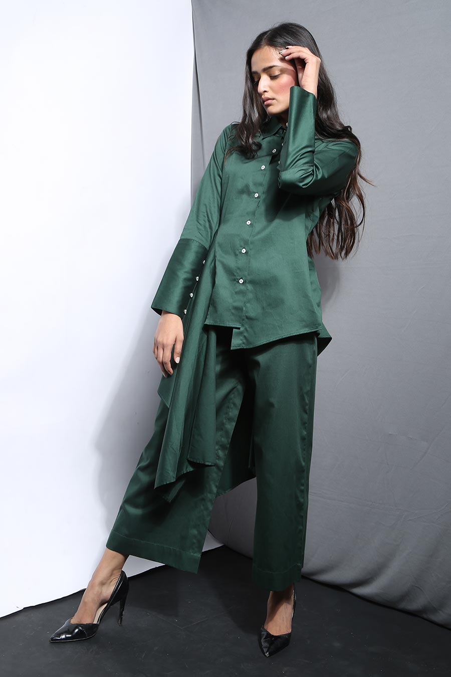 Green Asymmetric Side Drape Shirt