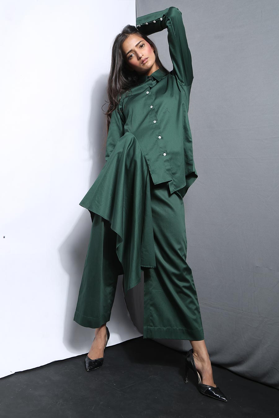 Green Asymmetric Side Drape Shirt