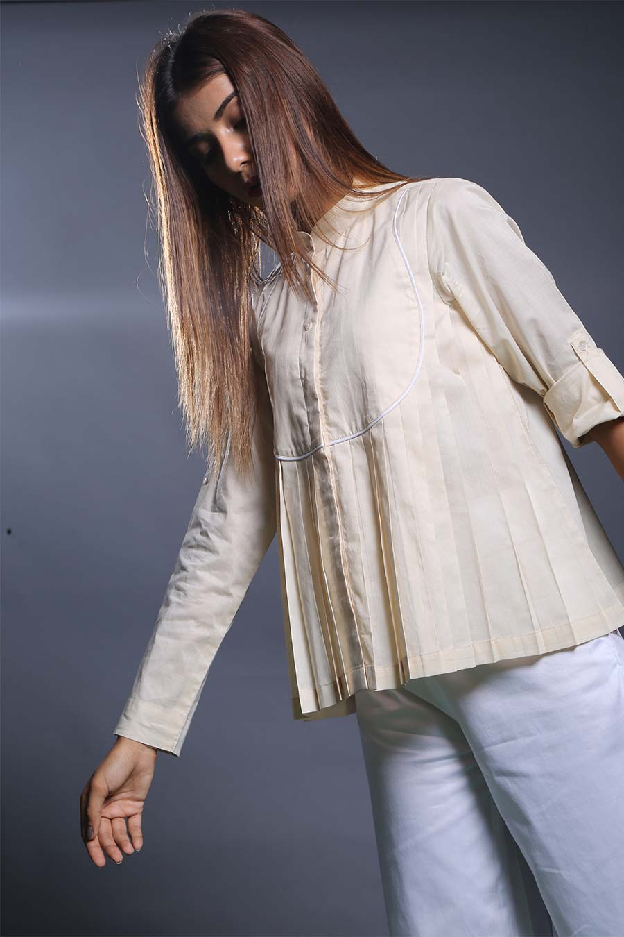 Cream Cotton Pleated Shirt