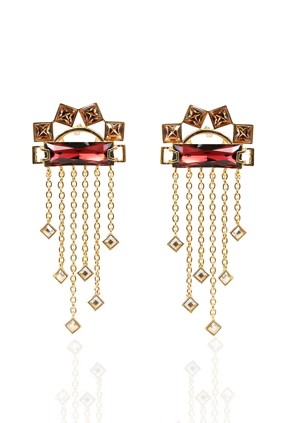 Gold & Maroon Swarovski Kabuki Earrings