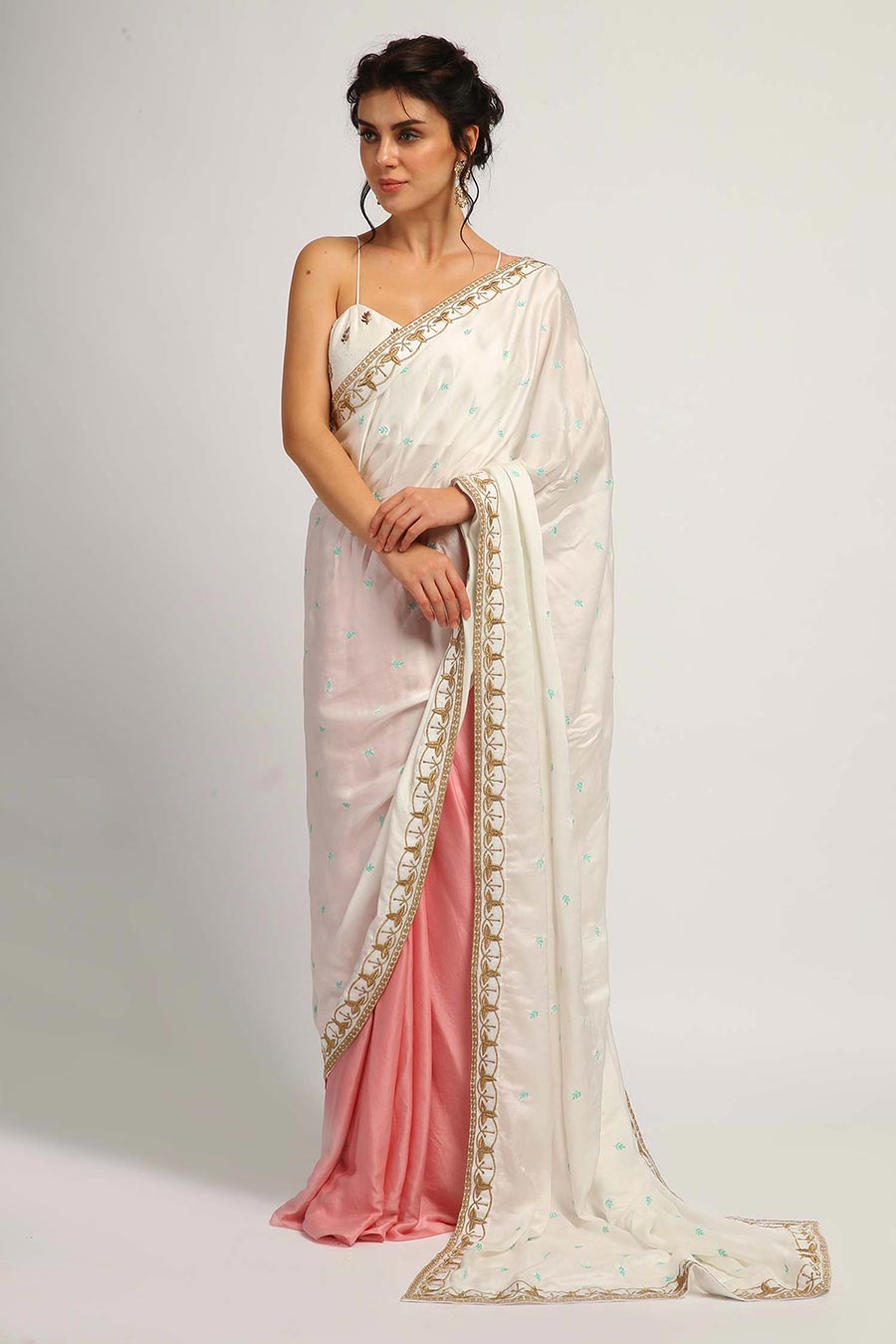 Pink & White Half N Half Saree & Stitched Blouse