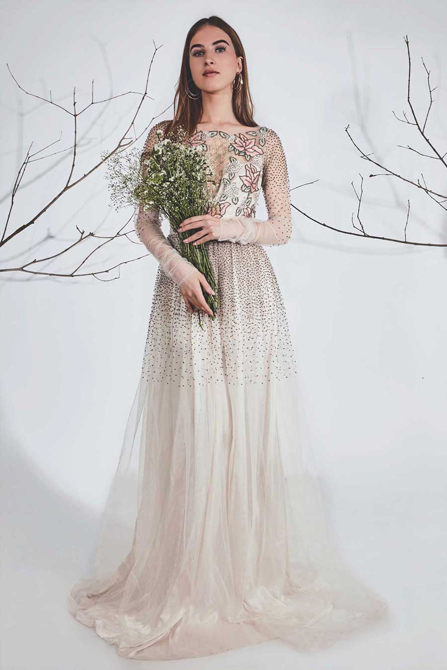 Off-White Embellished Flared Gown