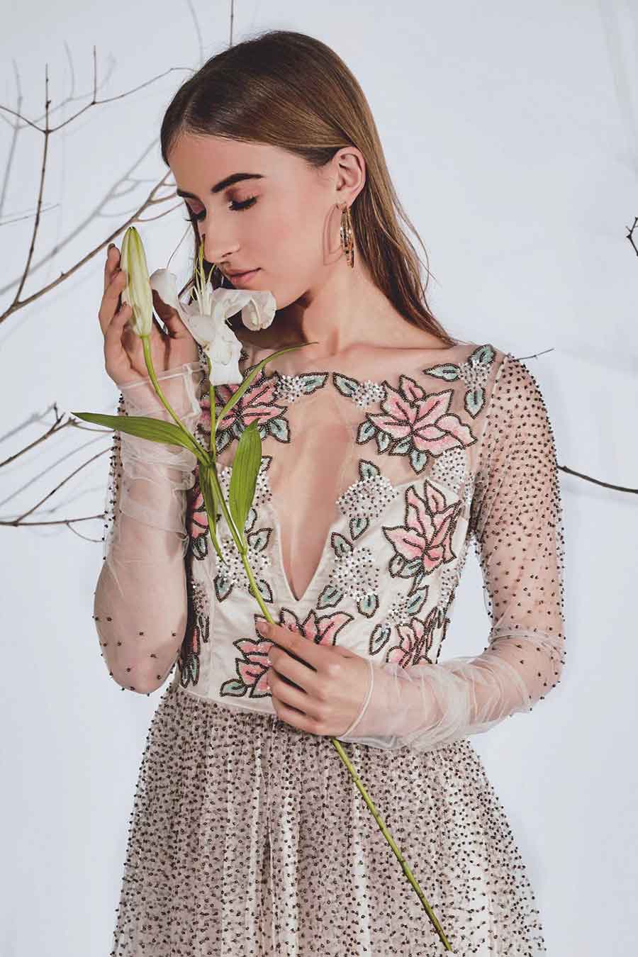 Off-White Embellished Flared Gown