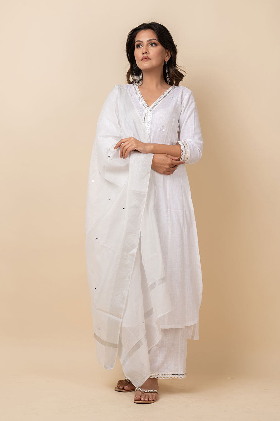 White Mirror Work Kurta Set With Dupatta