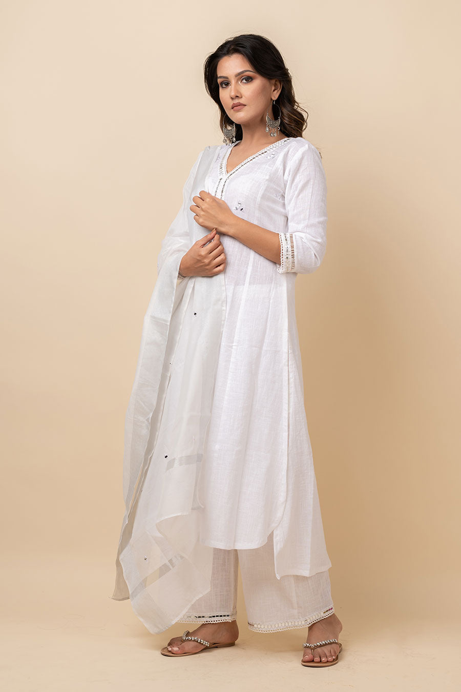 White Mirror Work Kurta Set With Dupatta