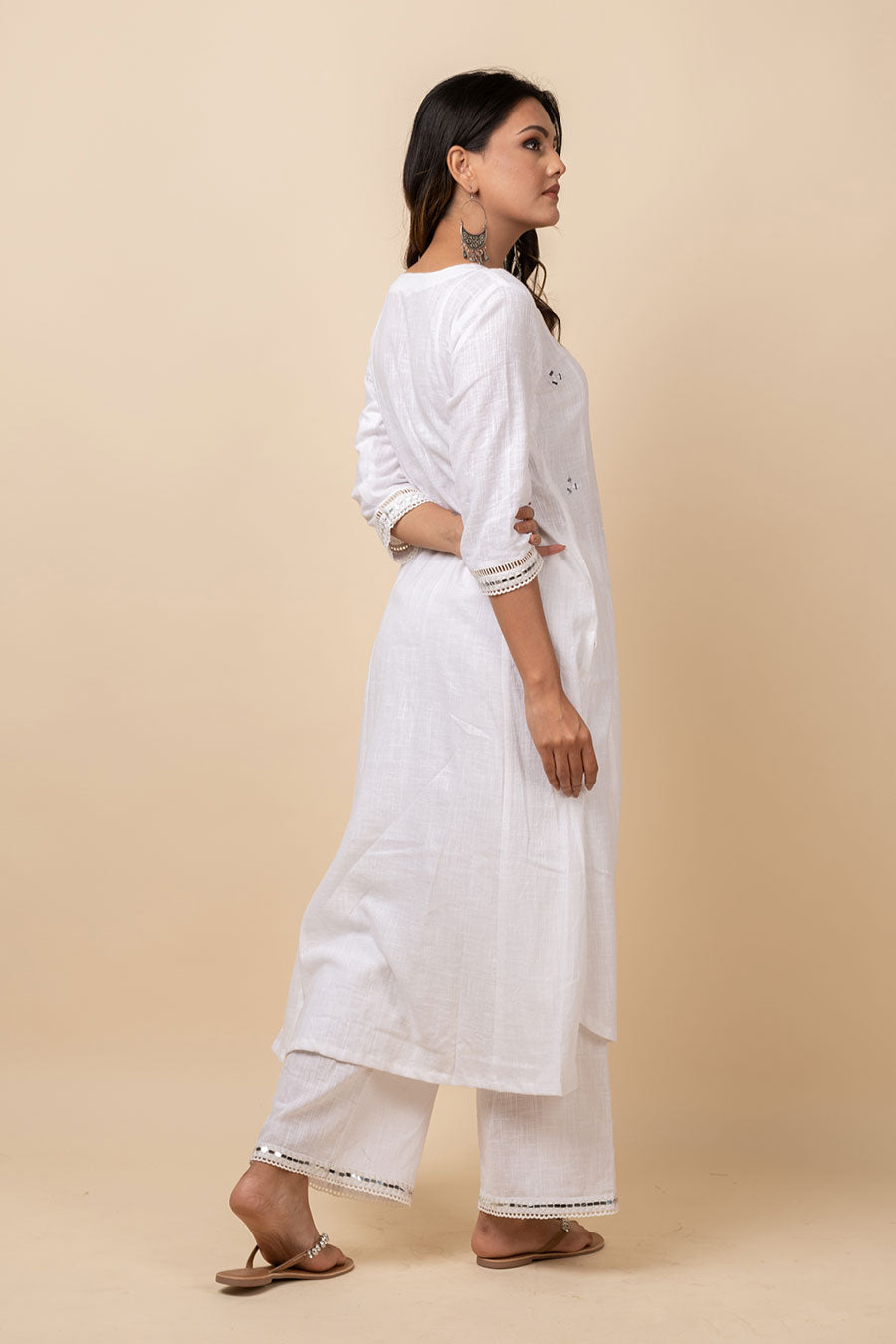 White Mirror Work Kurta Set With Dupatta