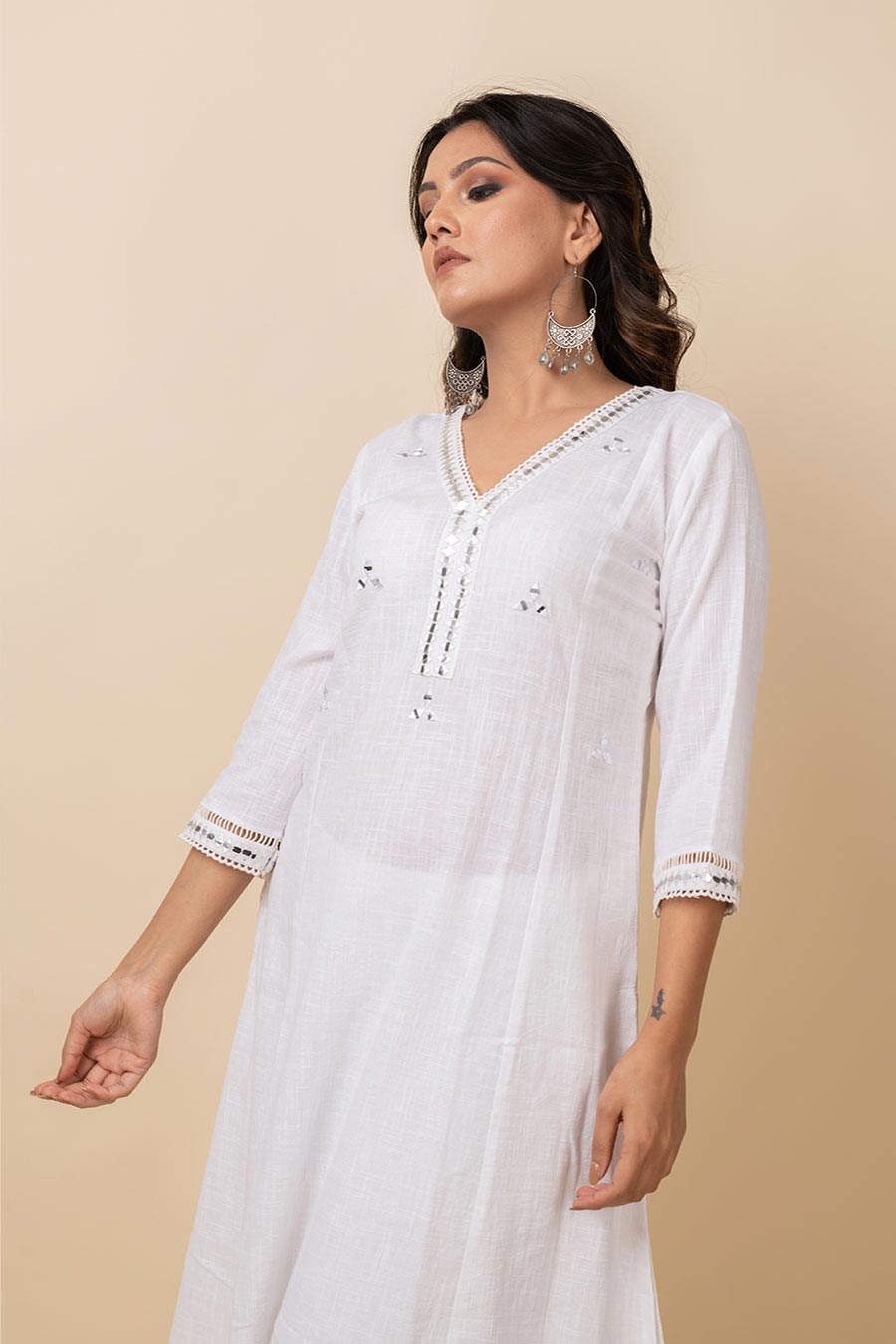 White Mirror Work Kurta Set With Dupatta