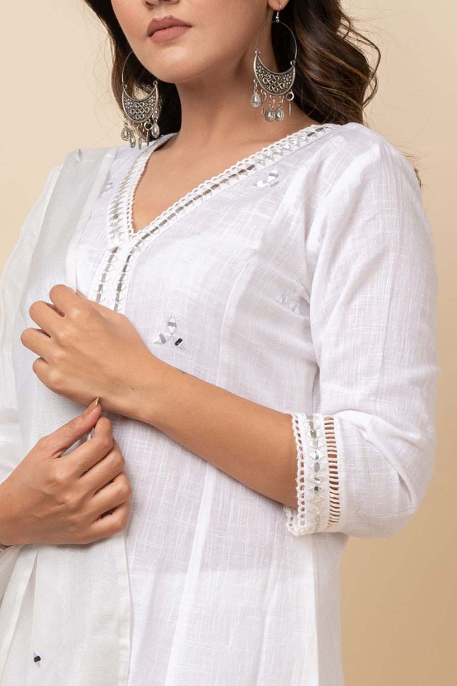 White Mirror Work Kurta Set With Dupatta