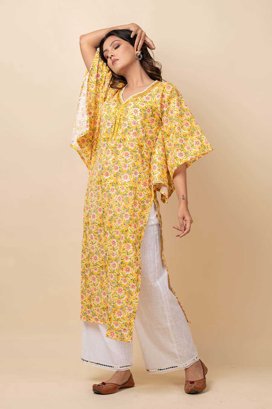 Yellow Mirror Work Kaftan Kurta & Pants Set