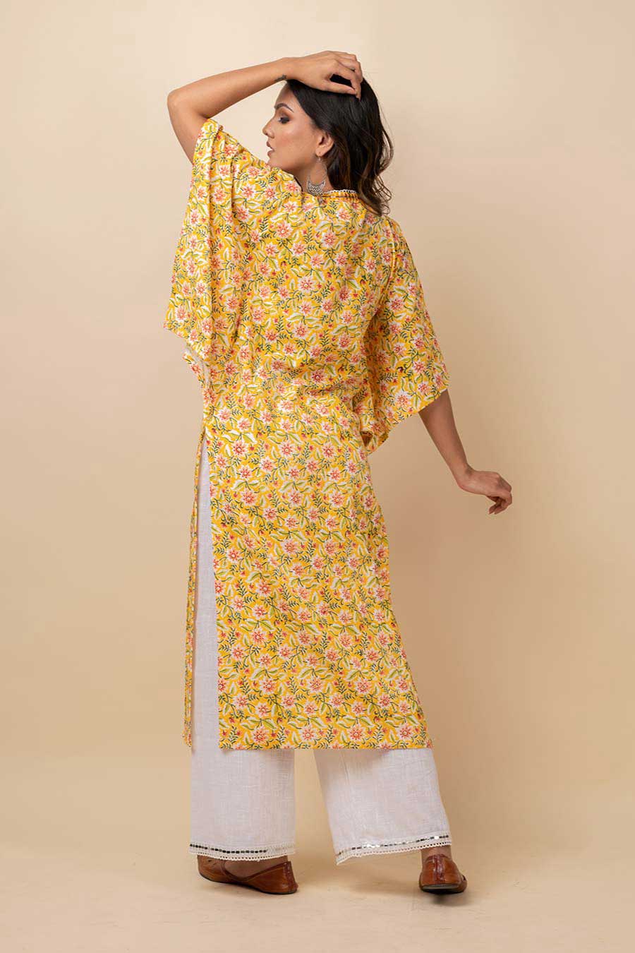 Yellow Mirror Work Kaftan Kurta & Pants Set