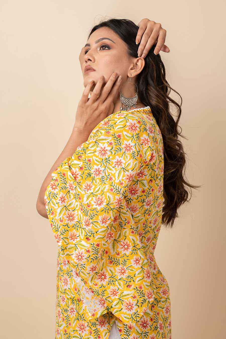 Yellow Mirror Work Kaftan Kurta & Pants Set
