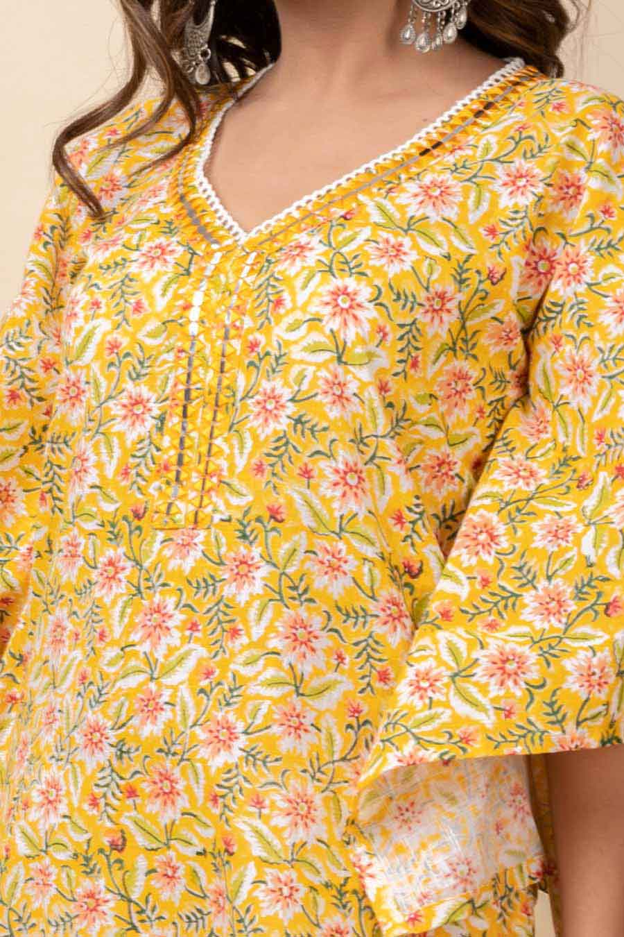 Yellow Mirror Work Kaftan Kurta & Pants Set