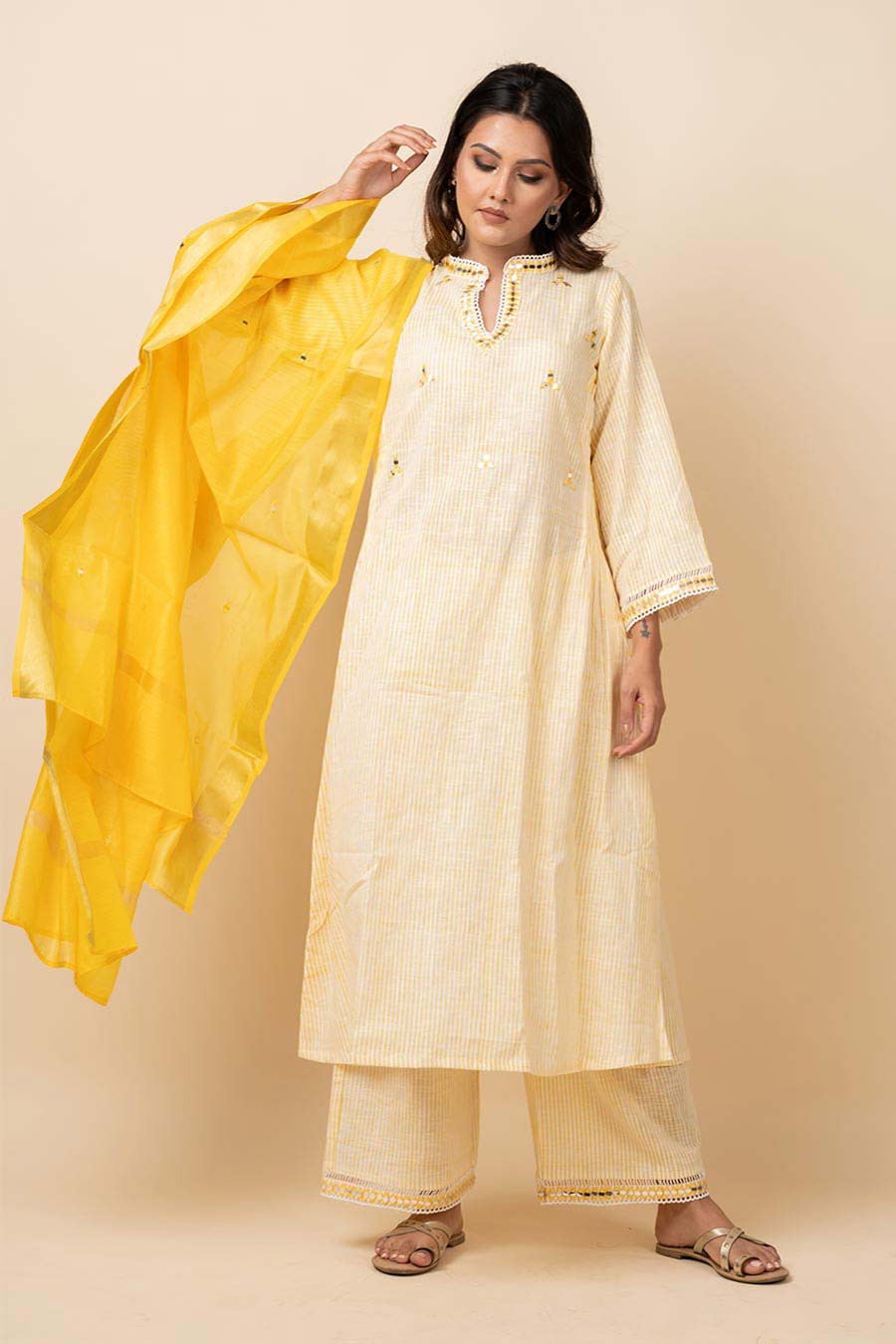 Yellow Striped Kurta Set With Dupatta