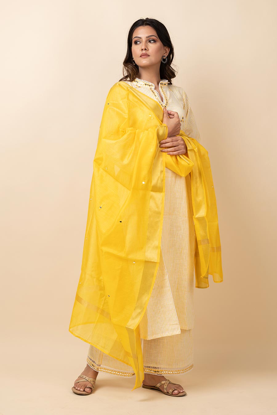 Yellow Striped Kurta Set With Dupatta