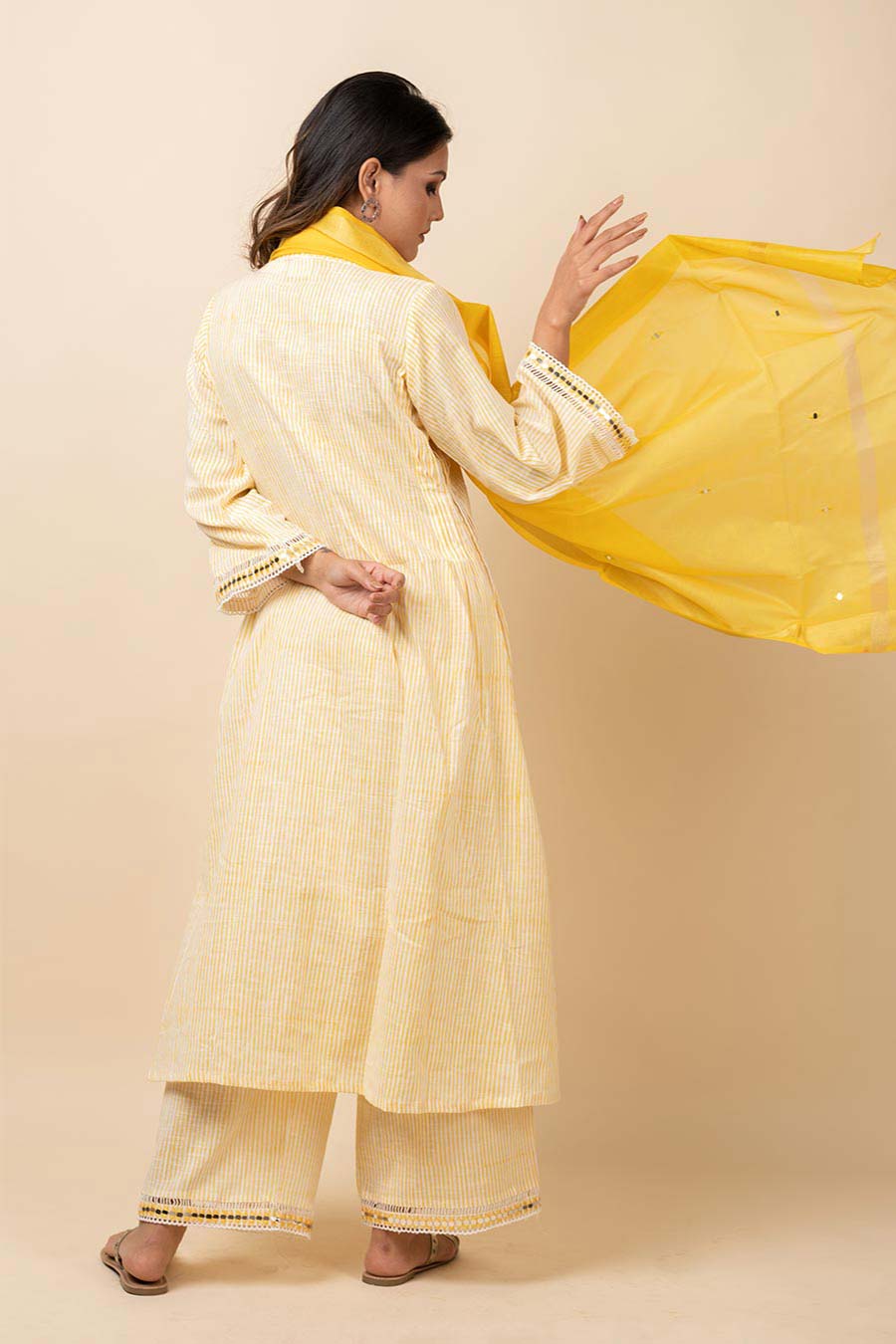 Yellow Striped Kurta Set With Dupatta