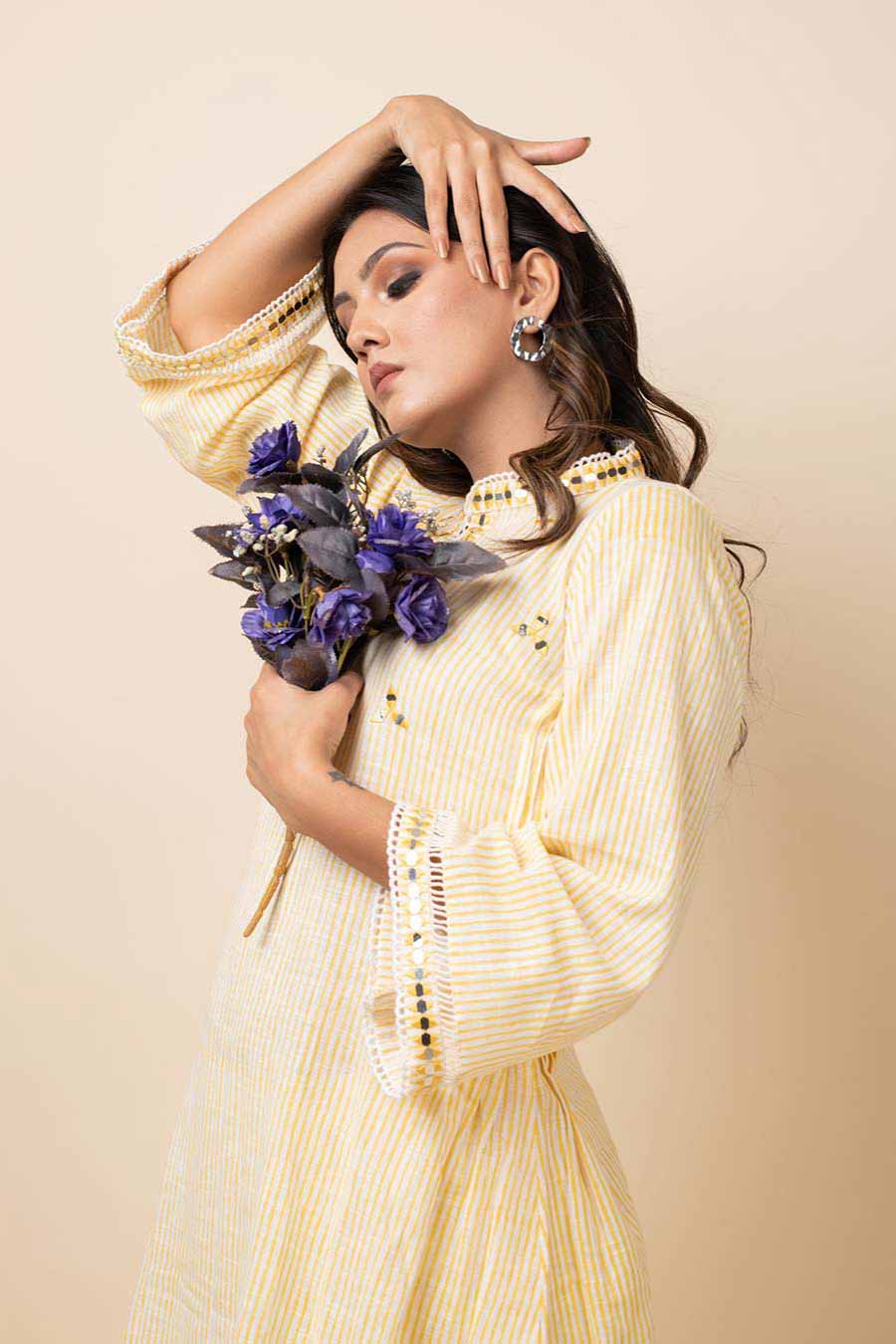 Yellow Striped Kurta Set With Dupatta