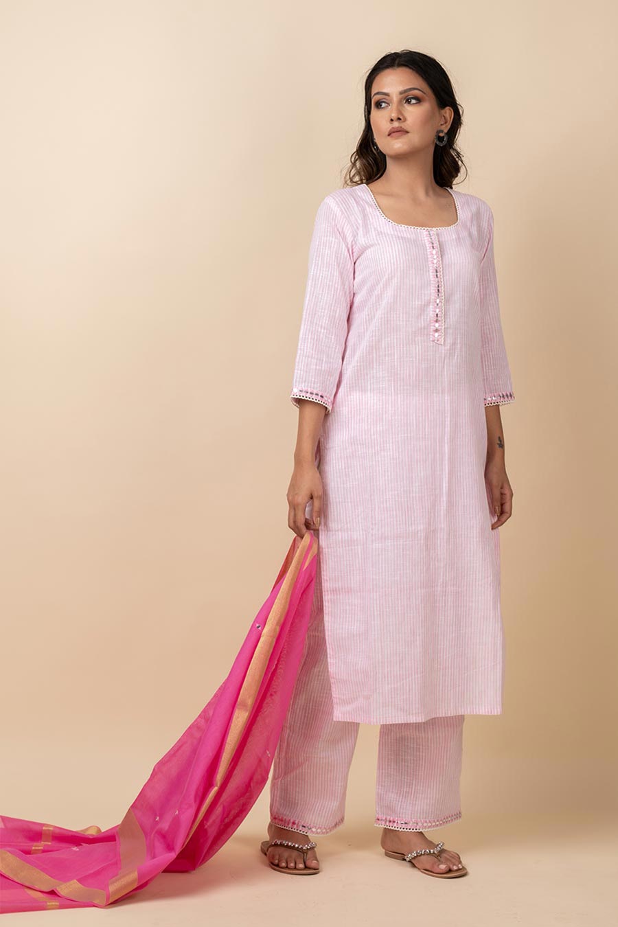 Pink Striped Kurta Set With Dupatta