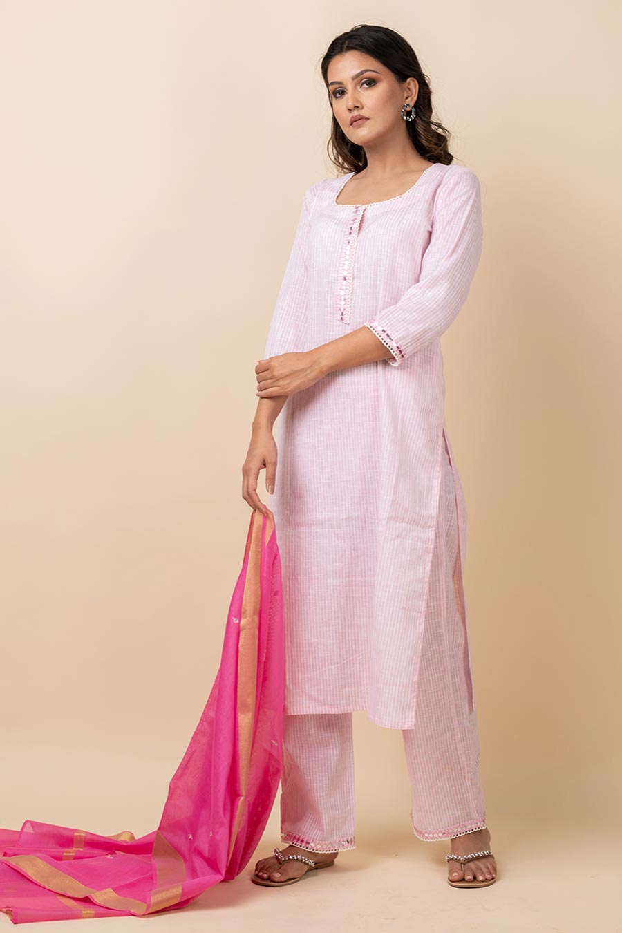 Pink Striped Kurta Set With Dupatta