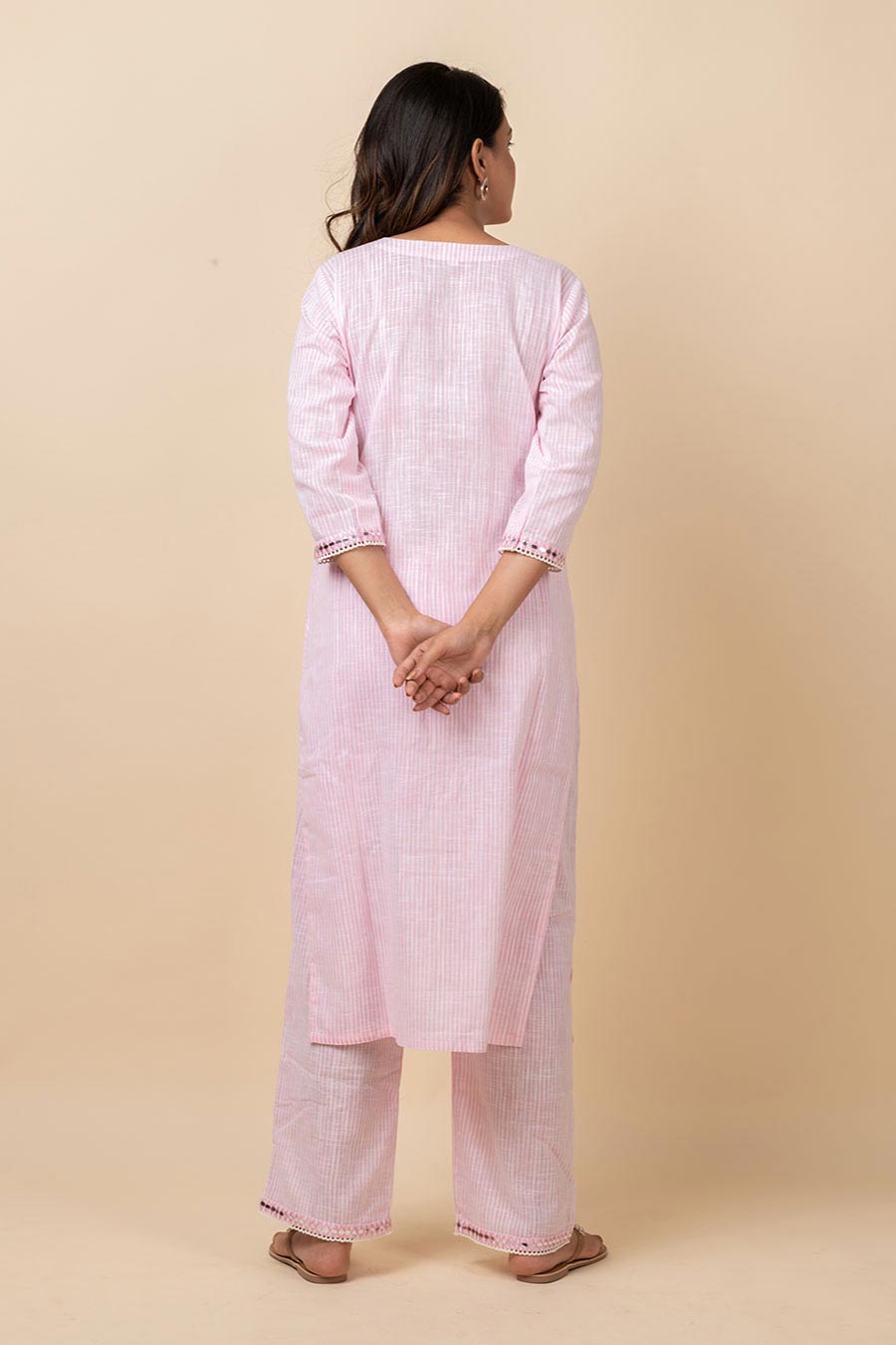 Pink Striped Kurta Set With Dupatta