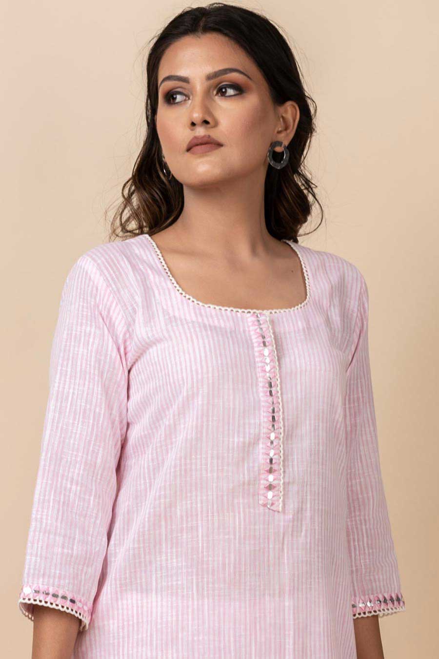Pink Striped Kurta Set With Dupatta