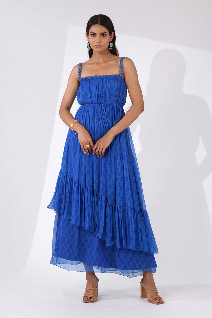GRACE - Blue Printed Chiffon Maxi Dress