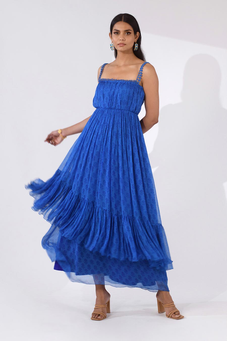 GRACE - Blue Printed Chiffon Maxi Dress