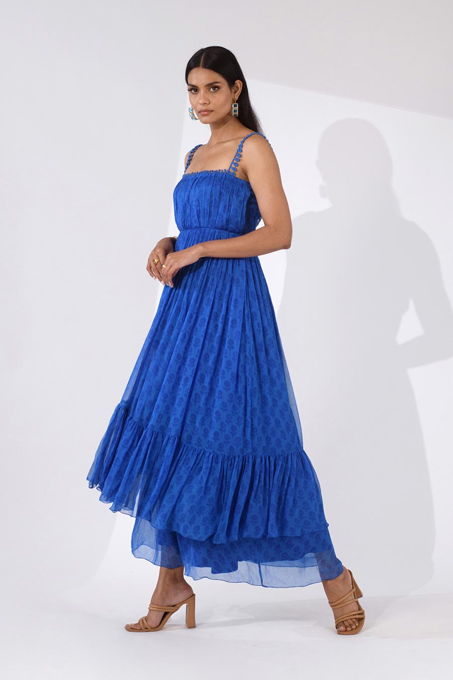 GRACE - Blue Printed Chiffon Maxi Dress