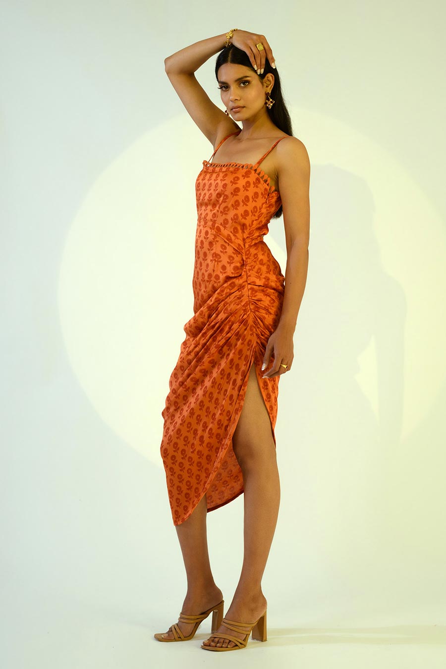 RUBY - Rust Printed Silk Drape Dress